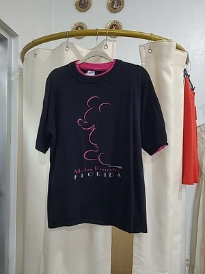 80's/early 90s Mickey Presents Florida T Shirt Black With Pink Trim Disney Merch - Image 1 of 4