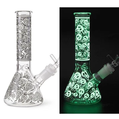 Bong de vidrio fluorescente calavera de 7,8" pipa de agua de vidrio para fumar vaso de tabaco 14 mm Foto 1 de 4