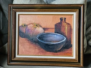 Vintage Original unsigniert gerahmt Stillleben Obstschale Ölgemälde auf Karton - Bild 1 von 10