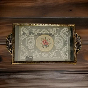 Vintage Brass Filigree Glass Tray with Lace and Petit Point Needlework - Picture 1 of 6