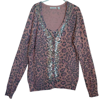Boston Proper Sweater Cardigan Womens Large Pink Animal Print Sequin Detail - Image 1 of 4