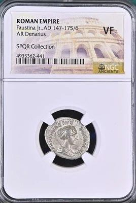 147-175/6 AD Faustina Jr. Roman Empire AR Denarius NGC VF Story Vault SPQR Co... - Image 1 of 4
