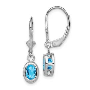 Sterling Silver Rhodium Plated Oval Blue Topaz Leverback Drop & Dangle Earrings - Picture 1 of 4