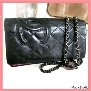 Chanel Cambon Black Coco Mark Long Wallet Leather Silver Hardware with Chain - Bild 1 von 8