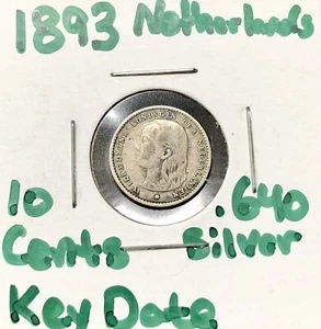 RARE 1893 Netherlands 10 Cents - Wilhelmina, World Silver Coin - Picture 1 of 5