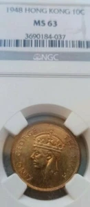 Hong Kong 🔷 1948 10 Cents 🔷 China Great Britain 🔷 NGC ms63 - Picture 1 of 3