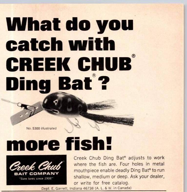 1968 anuncio impreso Creek Chub Bait Co Garrett IN Ding Bat Señuelo No 5300 Cuatro agujeros Foto 1 de 1