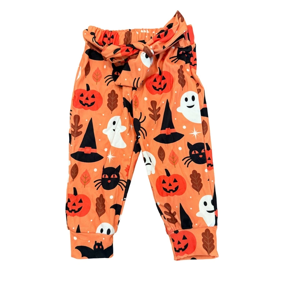 Calça pull-on Halloween infantil menina laranja estampa de férias gatos fantasmas tamanho 80/2TT - Imagem 1 de 4
