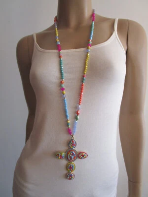 Strass Hals Kette lang Perlen Multicolor Gold Anhänger Mega XL Strass Kreuz Bunt - Bild 1 von 4