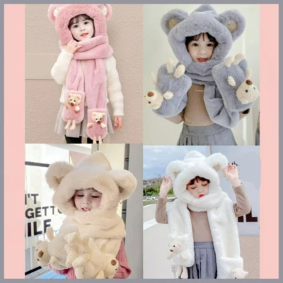 Bebé Niños Niña Niño Invierno Cálido Sombrero Bufanda Guantes Lindo Conjunto con Dibujos Animados Oreja Cap  Foto 1 de 2