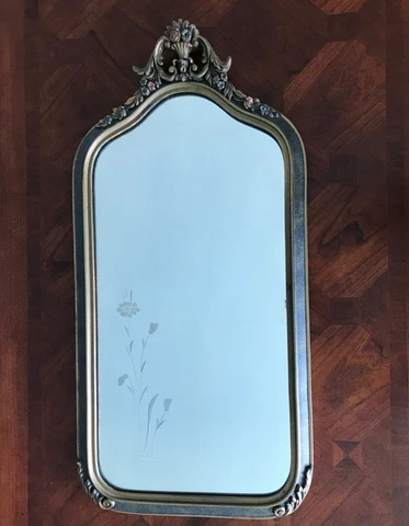 VINTAGE NURRE WOOD FRAME ETCHED GLASS WALL MIRROR w/ GESSO GOLD GILT & FLOWERS Cover