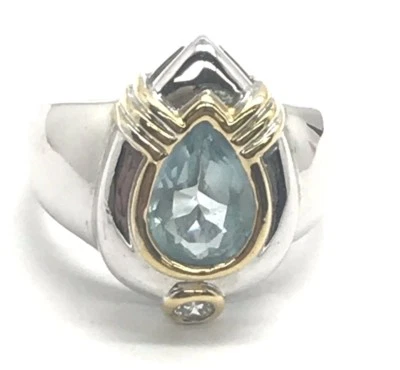 Sterling Silver 925 Pear Blue Topaz CZ Gold Tone Accent Cocktail Band Ring 9.75 - Image 1 of 4