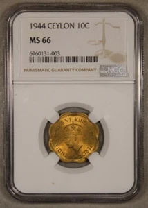 1944 Ceylon 10 Cents Uncirculated NGC MS66 Top Pop - Picture 1 of 4