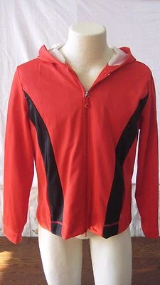 Chaqueta con capucha deportiva de calentamiento Oleg Cassini roja y negra retro vintage para dama OCS L Foto 1 de 4