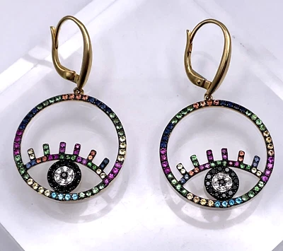 RAREZAS Pendientes Colgantes Talismán Mal de Ojo Multi-Gema Chapados en Oro - Perforados - Nuevos con Etiquetas Foto 1 de 4