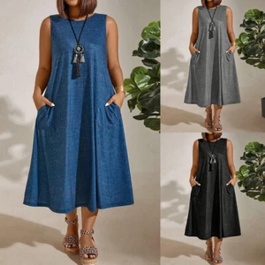 Plus Size Womens Round Loose Midi Dress Casual Sleeveless Pocket Swing Dress UK - Picture 1 of 17