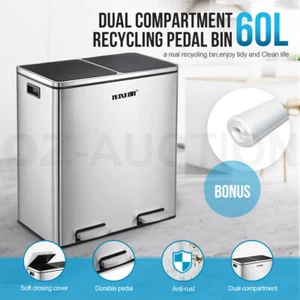 60L Pedal Rubbish Bin Dual Compartment Kitchen Waste Garbage Trash Can Dustbin - Picture 1 of 12