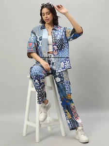 Ladies 2 Piece Outfits Short Sleeve Lounge Sets Women Baggy Shirt Trouser Set - Picture 1 of 8