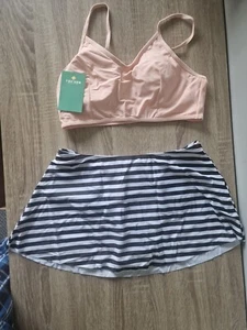Tofern zweiteiliger Badeanzug, rosa Bralette-Top, schwarz/weiß Unterteil mit Rock Medium - Bild 1 von 7