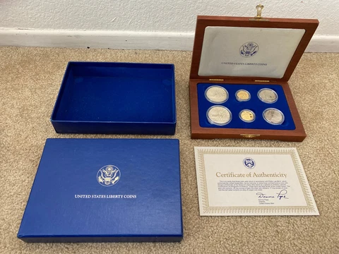 1986 Statue Of Liberty Ellis Island Proof & UNC 6 Coin Silver & Gold Set, COA Cover