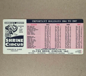 CLYDE BROS CIRCUS 1964 Laminated Advertising Calendar Card for Shrine Business - Picture 1 of 2