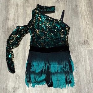 Weissman Sequin Dance Costume Fringe Leotard One Shoulder Girls LC - Picture 1 of 8