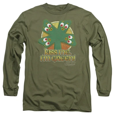 Camisa de manga larga Gumby Kiss Me verde militar con licencia oficial para hombre Foto 1 de 3