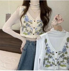 POL Mujer Talla Pequeña Crochet Top Chaleco Cárdigan Flores Recortadas Bordadas - Imagen 1 de 10