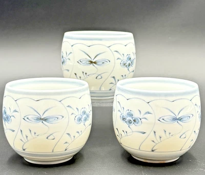 3 Blue & White Porcelain Yunomi Teacups Floral Berry Butterfly Traditional 2.5” - Image 1 of 4