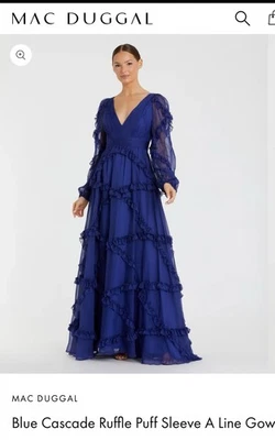 Mac Duggal 68223 SAP  Sz 14Blue Cascade Ruffle Puff Sleeve A Line Gown - Image 1 of 4