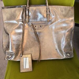 BALENCIAGA Paper Tote Bag Hand Bag Leather Silver Beige