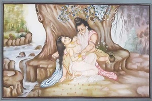 Pintura al óleo india de Rishi Vishwamitra y Maneka arte de amor sobre lienzo 35x23 pulgadas - Imagen 1 de 5