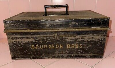 Antique Metal Cash Money Box Spurgeon Bros #17 Large Gold Accent Pinstripe • 45$