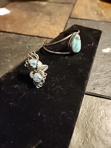Abel Toledo Navajo Sterling Silver Early Vintage Turquoise Ring & Cuff - Picture 1 of 11