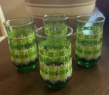 Vintage Green Checkered/ Gingham Drinking Juice Glasses Set of 4 Glassware Cups
