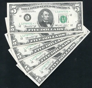 (5) CONSECUTIVE FR. 1973-L* 1974 $5 *STAR* FRN’S SAN FRANCISCO, CA GEM UNC - Picture 1 of 2