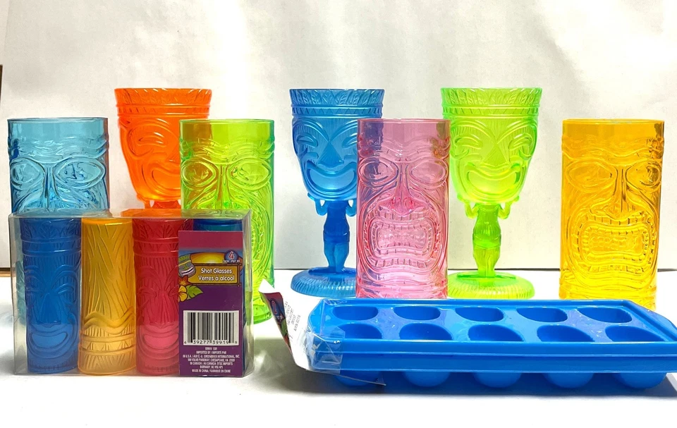 TIKI Drink Lot, 4 tumblers, 3 wine, 4 shot glass-plastic, 2 ice cube molds trays - Image 1 of 4