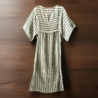 Tory Burch в полоску льняной кафтан платье размер маленький Midi зеленый белый кисточки новый без ЯРЛЫКОВ - Изображение 1 из 4