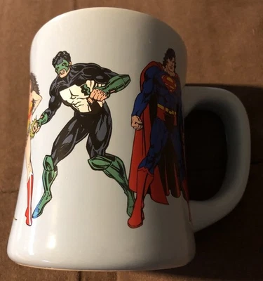 Taza de café grande de cerámica azul claro DC Comics Super Heroes usada 1998 WB Store Foto 1 de 3
