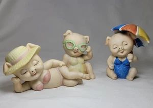 VTG Enesco 1980s Retro Sunbathing Beach Babe Mini Pig Figurines Set of 3  - Picture 1 of 7