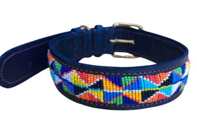 Beaded Leather Dog Collar&Leash Africa Maasai Multicolor Custom Pet Name XXS-XXL - Image 1 of 4