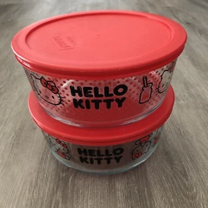 Lote de 2 contenedores redondos de vidrio Pyrex Hello Kitty con tapas rojos 6,25" x 3,5" - Imagen 1 de 19