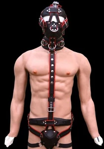 Men Leather Body Chest Harness Black adjustable ,Head harness,muzzle, jockstrap - Picture 1 of 5