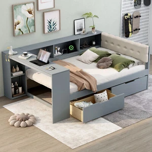 Wood Full Size Platform Bed with Storage Shelves, Drawers, Charging Station and - Picture 1 of 12