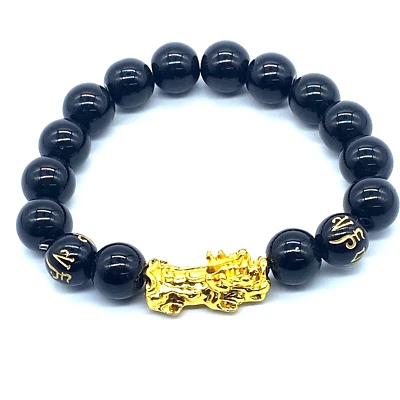 Feng shui Prosperity Black Bead Bracelet Golden Pi Xiu/Pi Yao Attract luck - Image 1 of 4