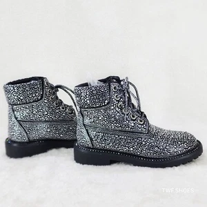 Botines de combate Wonder brillantes diamantes de imitación metálicos negros blancos piedras - Imagen 1 de 7