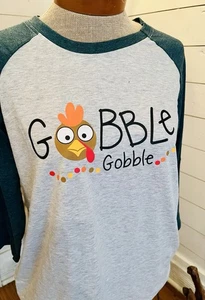 Gobble Gobble Turkey Graphic Baseball Tee Thanksgiving Shirt Raglan Large NEW - Picture 1 of 2