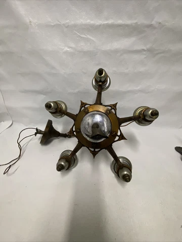 Antique Cast Metal And Chrome Art Deco Light Fixture Hanging 5 Arm With Ceiling Cover