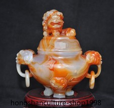 6'' Chinese Natural Agate Onyx carved lion foo dog incense burner censer statue