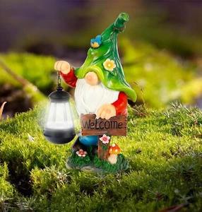 GARDEN STATUE LANTERN GNOME, SOLAR GNOME WITH SOLAR LIGHT , SOLAR GNOME FIGURINE - Picture 1 of 19